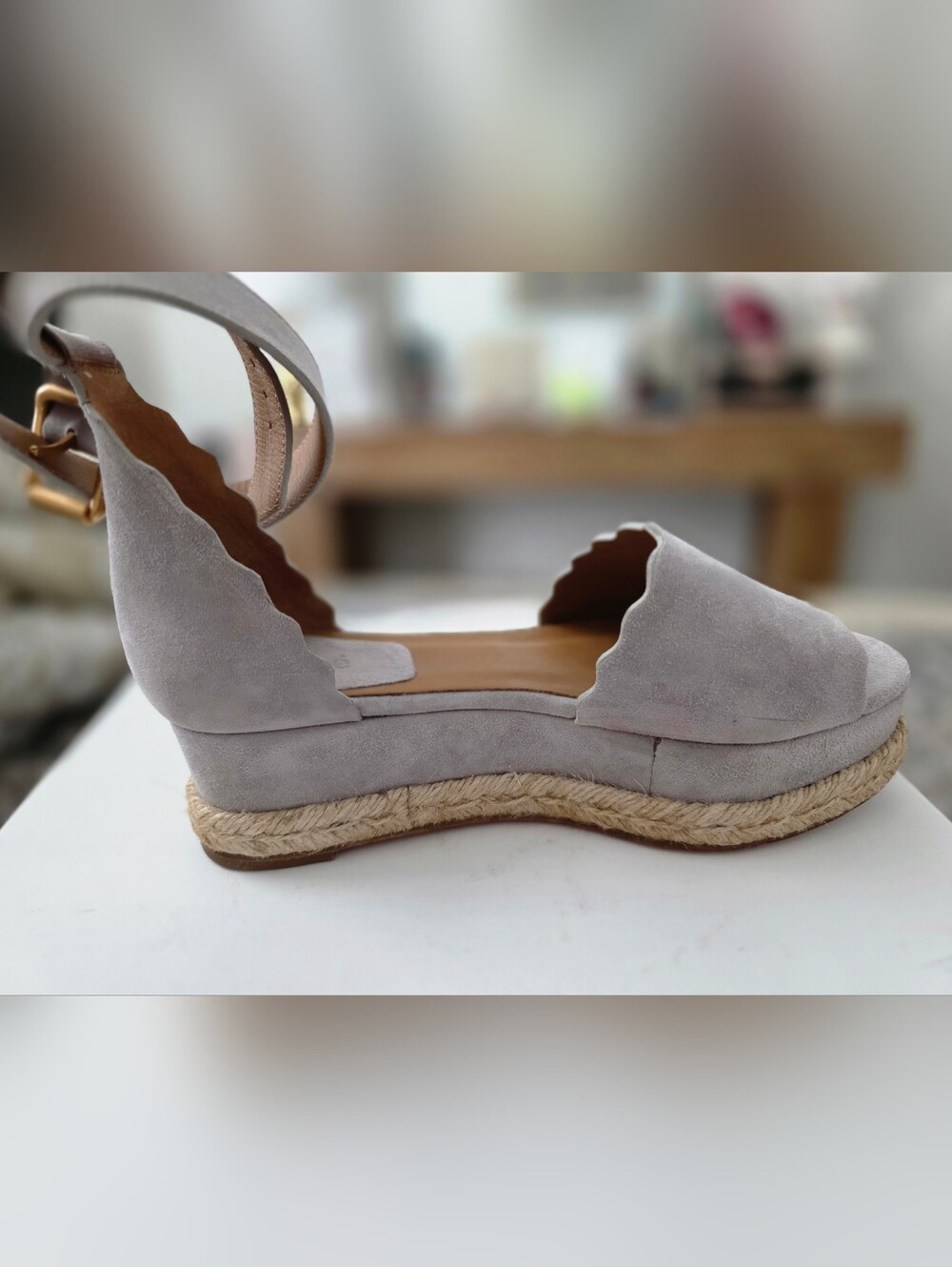 Chloe Women’s Scalloped Espadrille Wedge Sandals in Elephant Gray - Picture 6 of 11